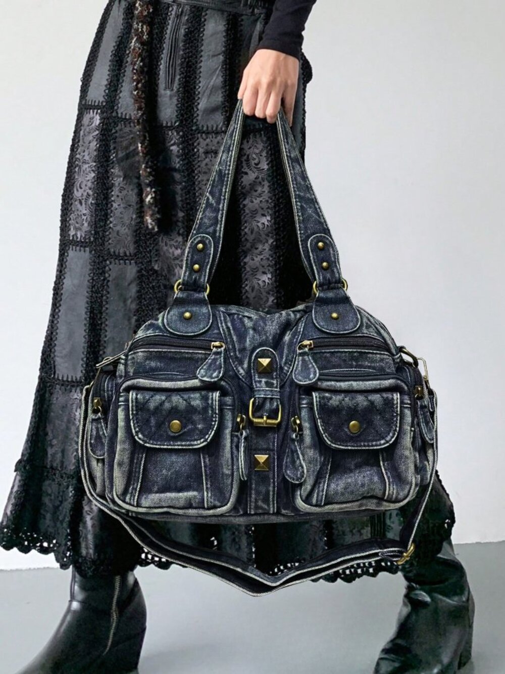Y2K Acid Wash Denim Studded Multi Pocket Shoulder Bag - Picture 6 of 6